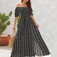 Polyester Waist-controlled & front slit One-piece Dress & off shoulder printed PC