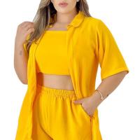 Polyester Plus Size Women Casual Set & three piece short & bra & top Solid yellow Set
