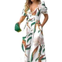 Polyester Plus Size & High Waist Long Jumpsuit deep V printed PC