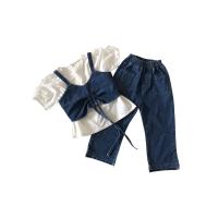 Cotton Girl Clothes Set & three piece Pants & camis & top patchwork Solid blue Set