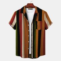 Cotton Men Short Sleeve Casual Shirt & loose patchwork striped PC