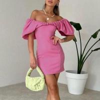 Polyester Slim Boat Neck One-piece Dress patchwork Solid PC