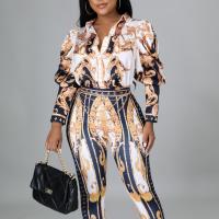 Polyester Women Casual Set & two piece Long Trousers & long sleeve shirt printed Set