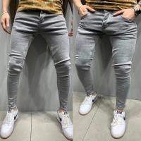 Cotton Men Jeans slimming patchwork Solid gray PC