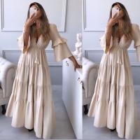 Polyester One-piece Dress slimming & deep V Solid Apricot PC