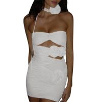 Polyester Slim & High Waist Tube Top Dress backless & off shoulder & hollow patchwork Solid white PC
