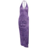 Polyester Slim & High Waist One-piece Dress backless & off shoulder printed purple PC