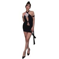 Polyester Waist-controlled & Slim Sexy Package Hip Dresses midriff-baring & backless & off shoulder & hollow patchwork Solid black PC