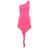 Polyester Waist-controlled & Slim Sexy Package Hip Dresses irregular & backless & off shoulder patchwork Solid fuchsia PC