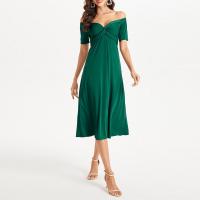 Polyester Plus Size One-piece Dress deep V & off shoulder Solid green PC