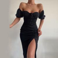 Polyester Slim & front slit & Plus Size Boat Neck One-piece Dress patchwork Solid PC