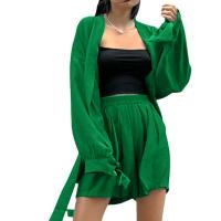 Polyester Women Casual Set & two piece short & top patchwork Solid green Set