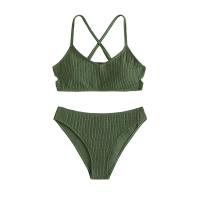 Polyester Bikini two piece Solid green :14Y Set