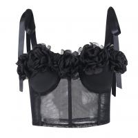 Polyester Slim Camisole midriff-baring & see through look patchwork Solid black PC