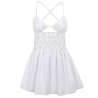 Polyester Slim & High Waist Slip Dress backless & hollow patchwork Solid white PC