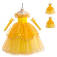 Poliéster Vestido de una sola pieza de la muchacha, mangote & falda, labor de retazos, Sólido, amarillo,  trozo