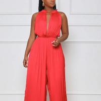 Polyester Long Jumpsuit & loose patchwork Solid red PC
