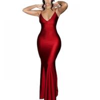 Polyester High Waist Sexy Package Hip Dresses deep V & backless Solid red PC