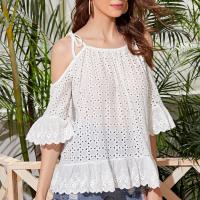 Polyester Women Short Sleeve Blouses & off shoulder patchwork Solid white PC
