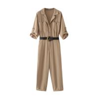 Polyester Long Jumpsuit slimming & with belt patchwork Solid khaki PC