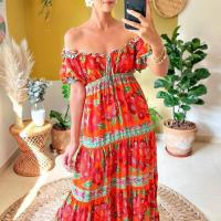 Polyester One-piece Dress & loose printed floral red PC