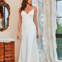 Polyester Long Evening Dress deep V patchwork Solid white PC