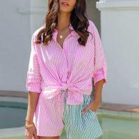 Polyester Women Casual Set & two piece short pants & long sleeve shirt printed striped red Set
