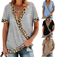 Polyester and Cotton Women Short Sleeve T-Shirts contrast color & loose printed leopard PC