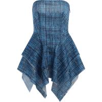 Polyester Waist-controlled & Slim & High Waist One-piece Dress backless & off shoulder patchwork plaid blue PC
