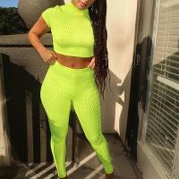 Polyester Women Sportswear Set & two piece Long Trousers & short sleeve T-shirts jacquard Solid fluorescent green Set