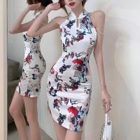 Polyester Slim Sexy Package Hip Dresses printed floral white PC