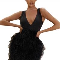 Polyester Waist-controlled Sexy Package Hip Dresses deep V & backless Solid black PC