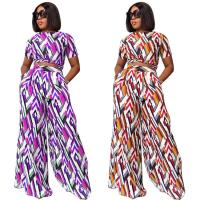 Polyester Crop Top Women Casual Set & two piece & loose Long Trousers & top printed geometric Set