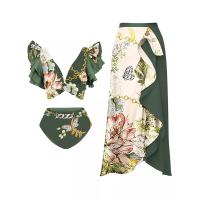 Polyester scallop Bikini with skirt & padded printed floral green Set