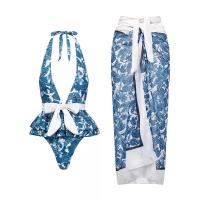Polyester One-piece Swimsuit with skirt & backless & padded printed floral blue Set