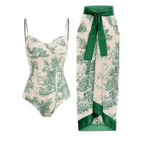 Polyester One-piece Swimsuit with skirt & backless & padded printed Set