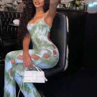 Polyester Slim Long Jumpsuit & hollow printed green PC