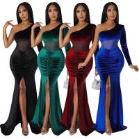 Polyester Slim & front slit & High Waist Sexy Package Hip Dresses see through look & One Shoulder patchwork Solid PC