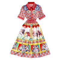 Polyester Waist-controlled & Plus Size One-piece Dress large hem design & mid-long style printed mixed pattern mixed colors PC