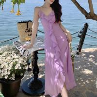 Chiffon Slip Dress slimming & deep V & backless Solid purple PC