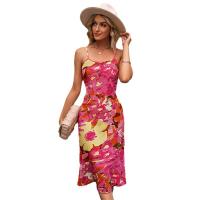 Polyester Slim & High Waist Slip Dress printed floral fuchsia PC