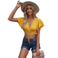 Polyester Crop Top Women Short Sleeve Blouses deep V Solid yellow PC