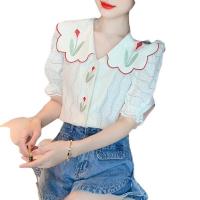 Polyester Women Short Sleeve Shirt & loose printed floral white PC