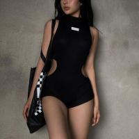 Polyester Women Romper & skinny & hollow Solid black PC