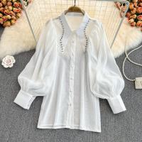 Polyvinyl Alcohol Fiber Women Long Sleeve Blouses loose & with rhinestone Solid : PC