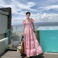 Polyester Slim & High Waist Tube Top Dress & off shoulder printed pink PC