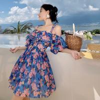 Polyester Waist-controlled & A-line Slip Dress & off shoulder printed shivering blue PC