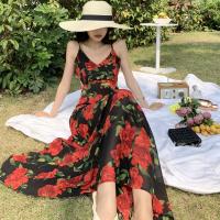 Polyester Slip Dress deep V & backless printed floral red and black PC