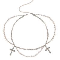 Plastic Pearl & Zinc Alloy Concise & Easy Matching Waist Chain flexible length Sliver Plated Cross Pattern silver PC