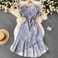 Polyester Waist-controlled One-piece Dress deep V & short front long back shivering : PC